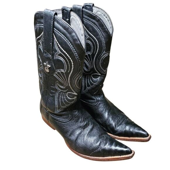 Los Altos Black Ostrich Leather Boots Mens Size 8 EE width Rodeo Western Cowboy - Picture 5 of 15